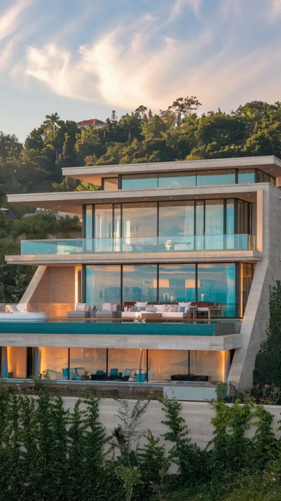 Multi-tiered modern villa facade built into hillside with glass balconies and pools.