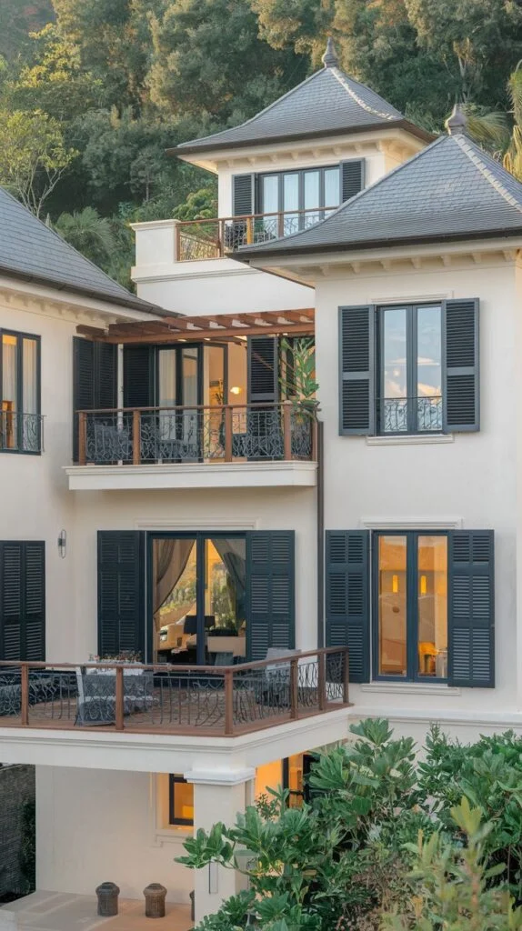 Villa facade with dark window shutters, light exterior, and balconies with decorative metal railings.