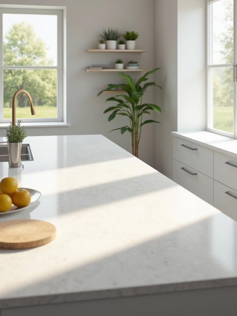 Kitchen island featuring a durable quartz countertop, highlighting longevity.
