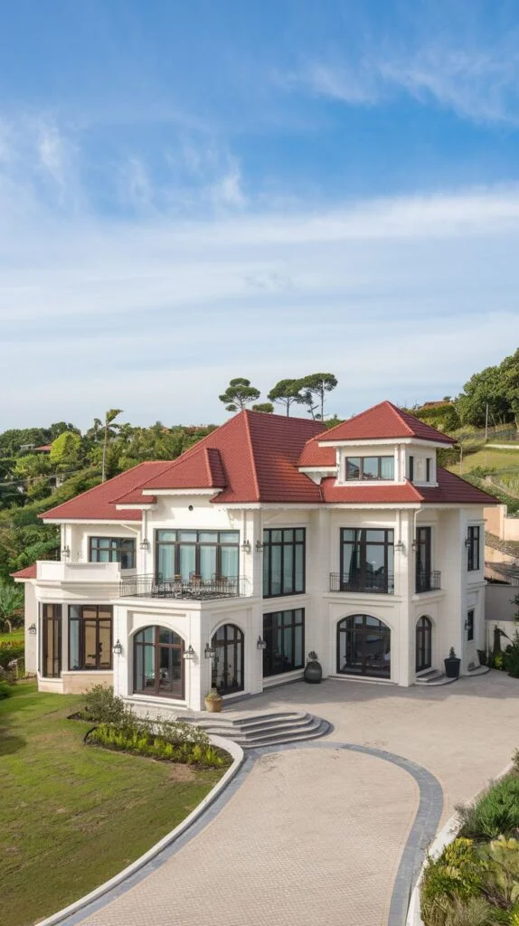 Villa facade with red tiled roof, white exterior, and curving paved driveway.