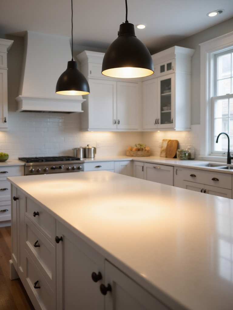 Kitchen island illuminated by pendant lights providing task and ambient lighting.