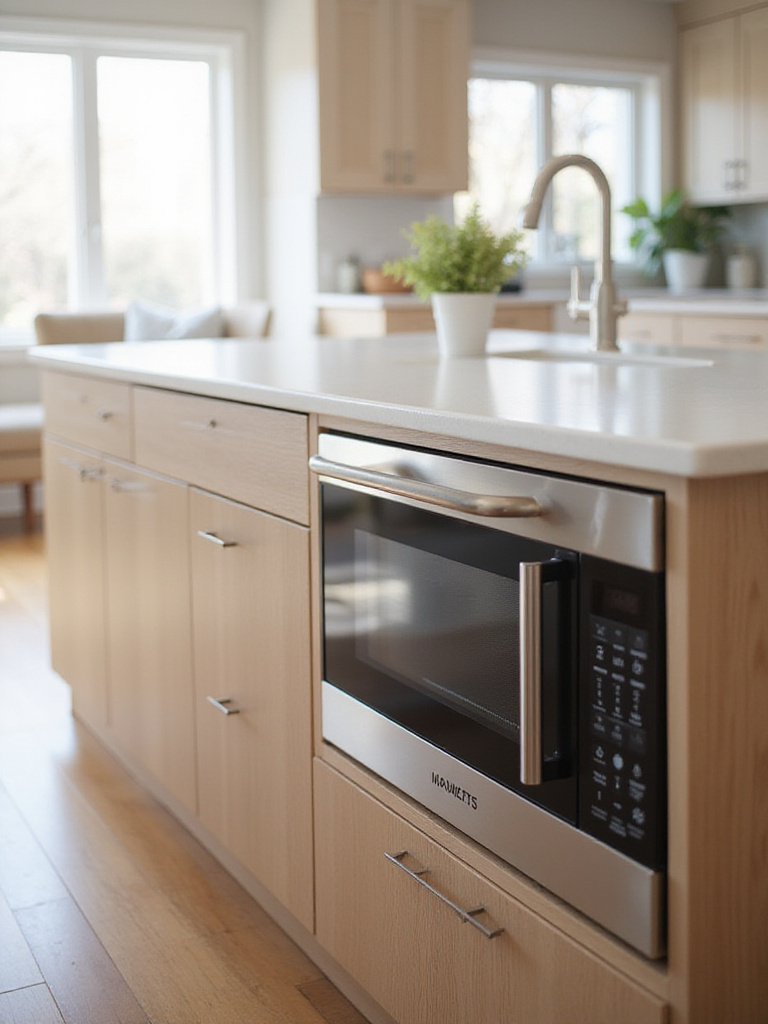 Kitchen island with built-in microwave drawer, enhancing usability and saving space.