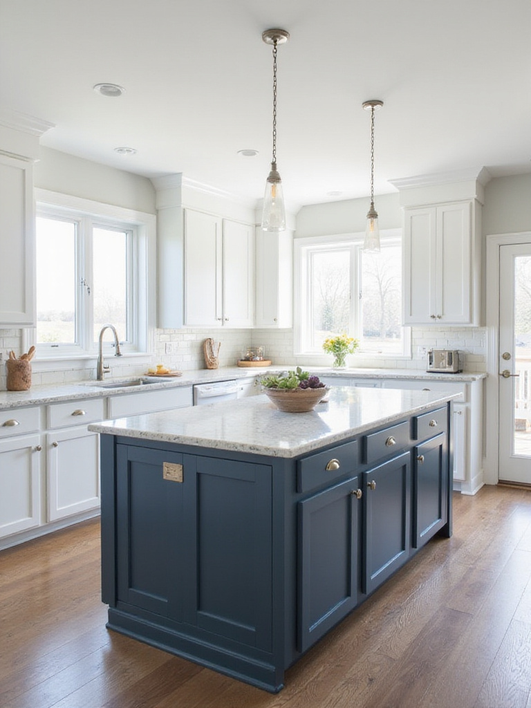 Kitchen island base in rich green contrasting with white cabinets in a modern kitchen.