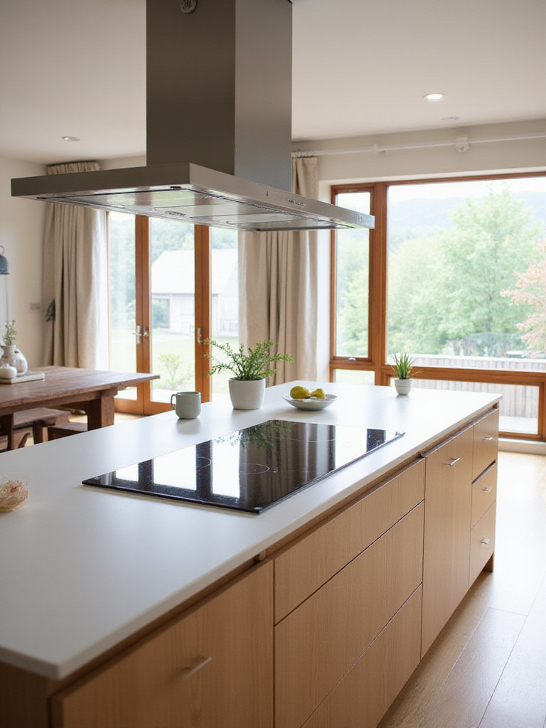 Kitchen island featuring an induction cooktop with a sleek island range hood.