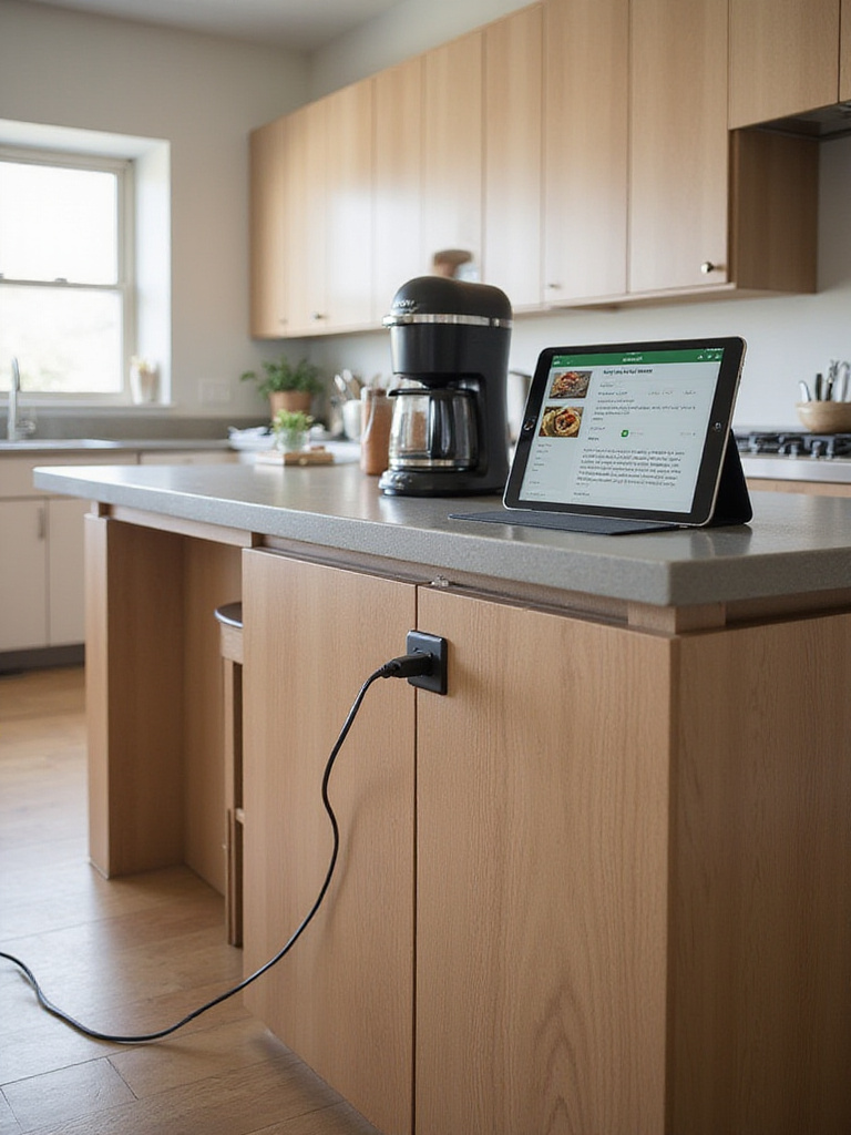 Kitchen island with multiple outlets and charging stations for convenience.