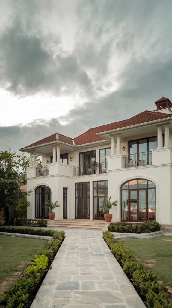 Traditional villa facade with red tiled roof, white walls, arched windows, and stone pathway.