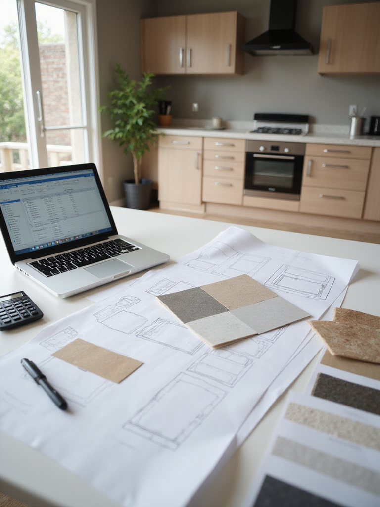 Kitchen island planning materials including budget sheets and design sketches.