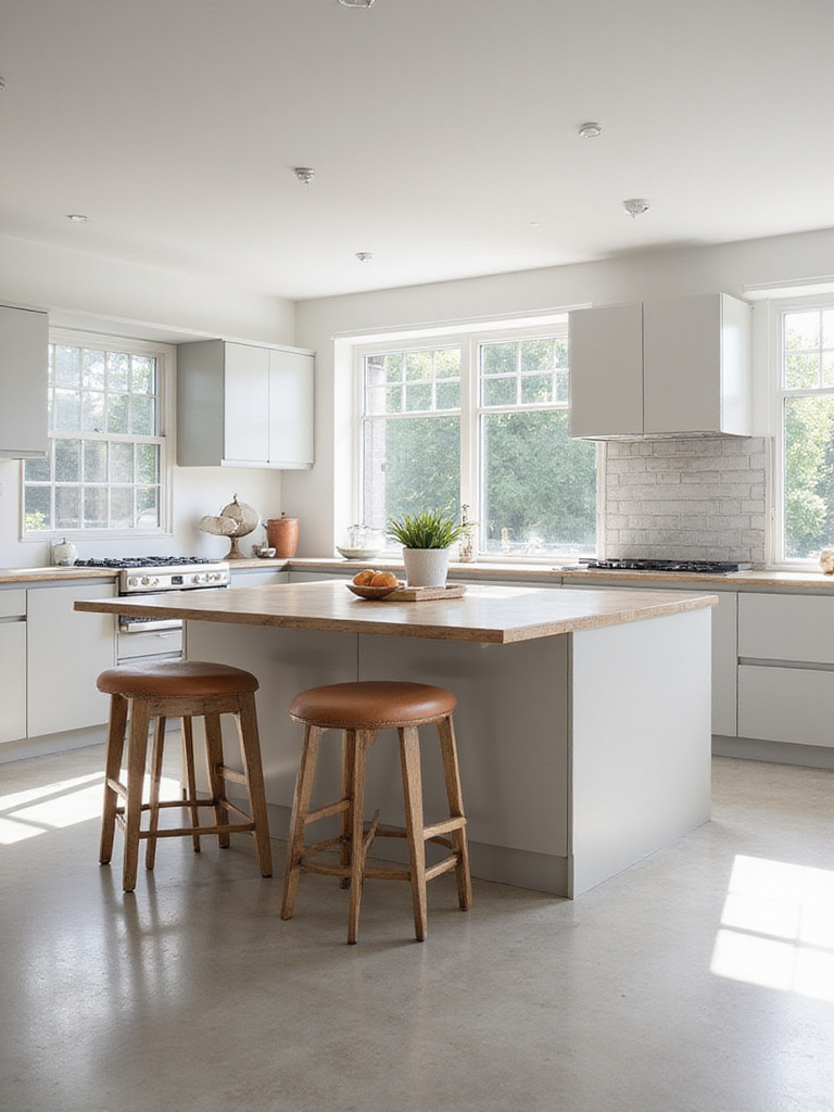 Multi-level kitchen island with separate prep and dining areas and seating.