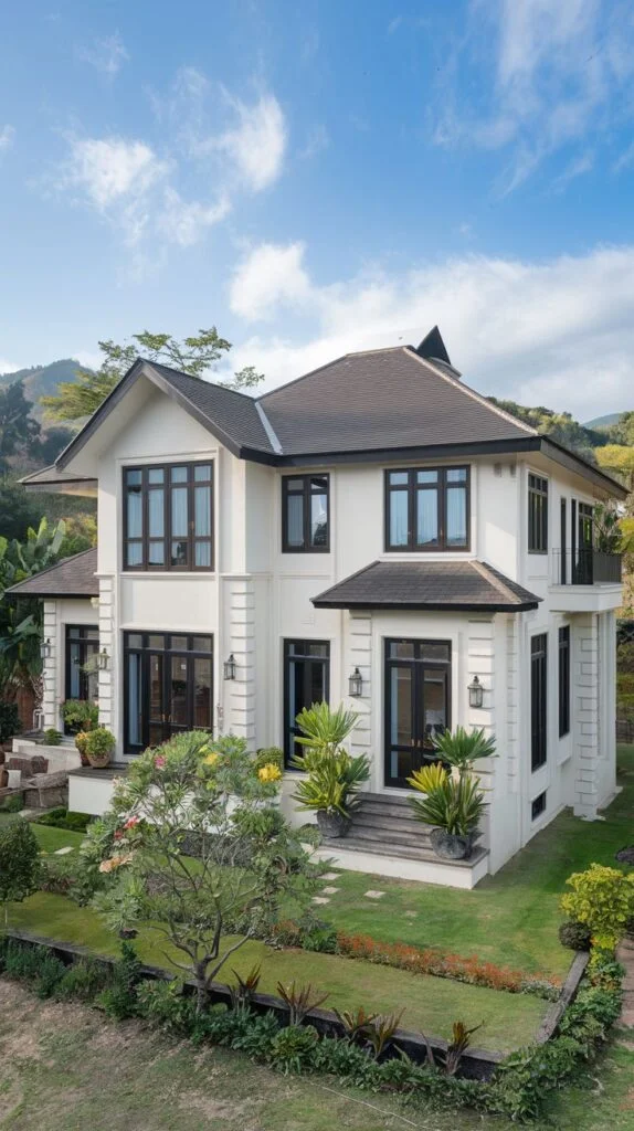 Classic white villa facade with dark window frames and pitched roof, surrounded by landscaped garden.