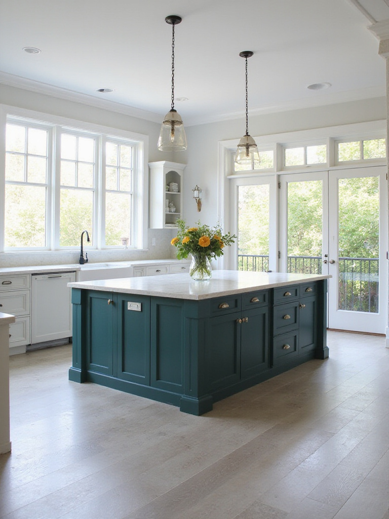 Kitchen with light cabinets and a contrasting dark green island with white countertop.