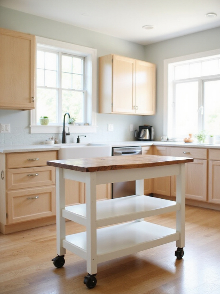 Mobile kitchen cart with butcher block top, showcasing flexibility versus fixed island.