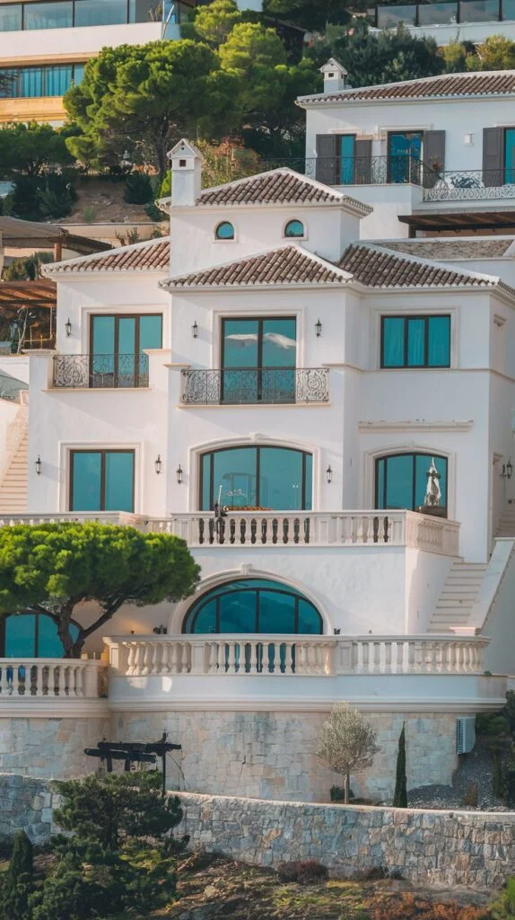 Multi-level Mediterranean villa facade built into hillside with tiled roof, arched windows, and balconies.