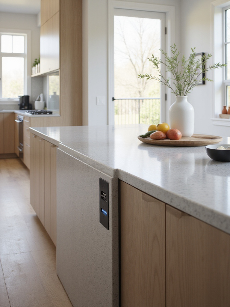 Kitchen island with grey quartz waterfall edge, built-in charging ports, and smart display.