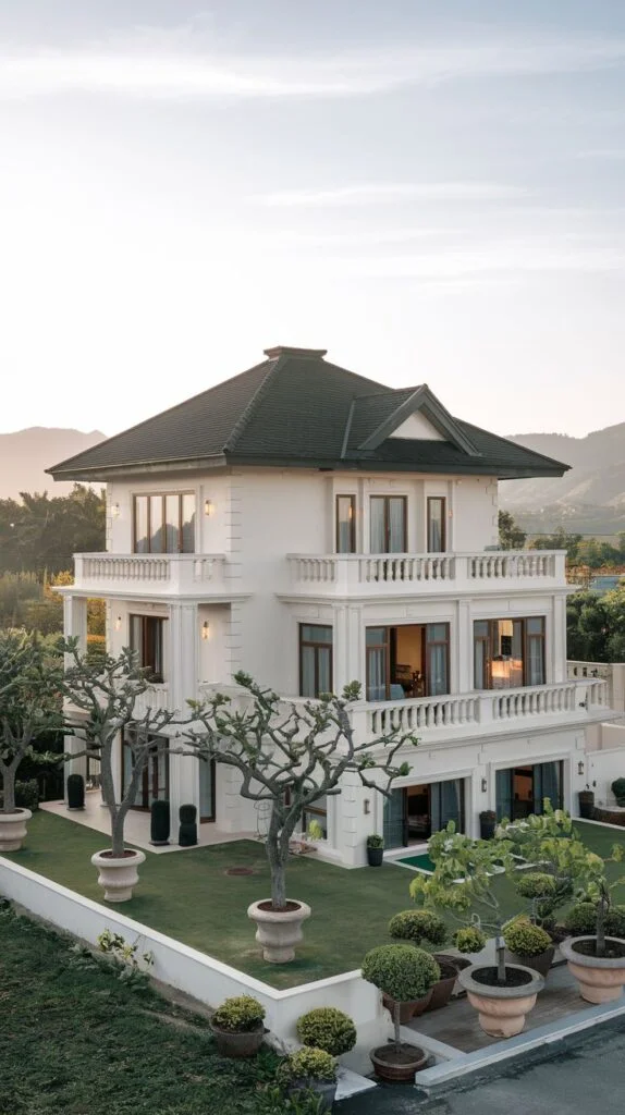Stately villa facade with white exterior, dark pitched roof, balconies, terraces, and landscaped garden with mature trees.