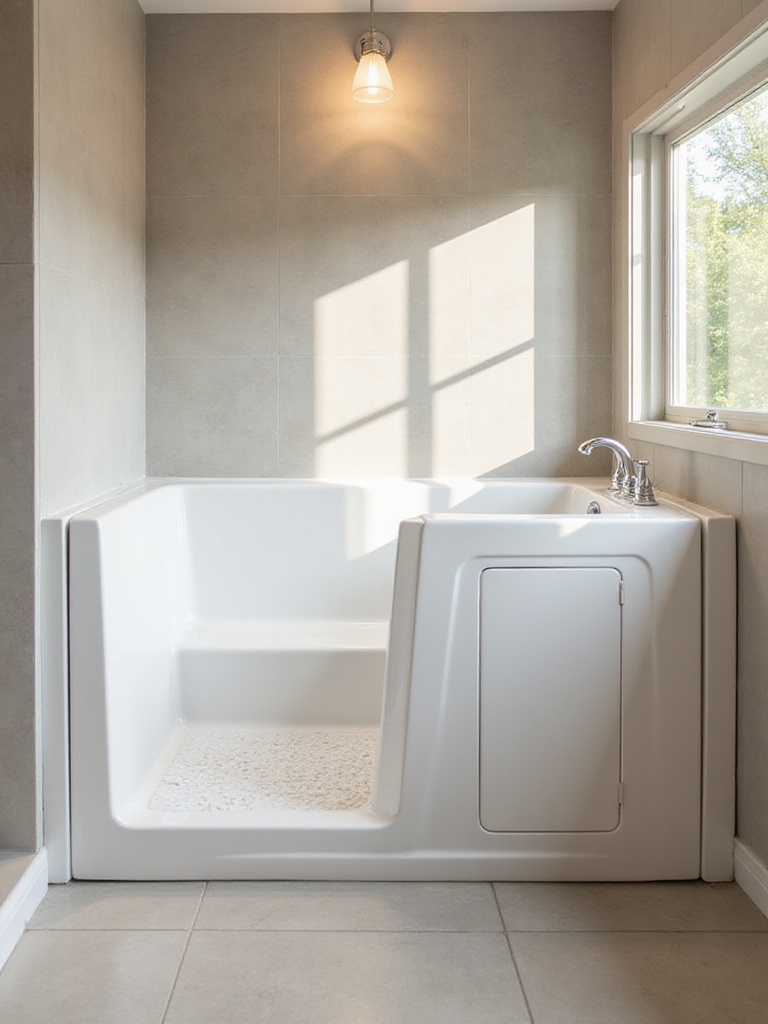 Modern bathroom featuring a white walk-in tub with a closed door, showcasing its accessible design and integrated seat.