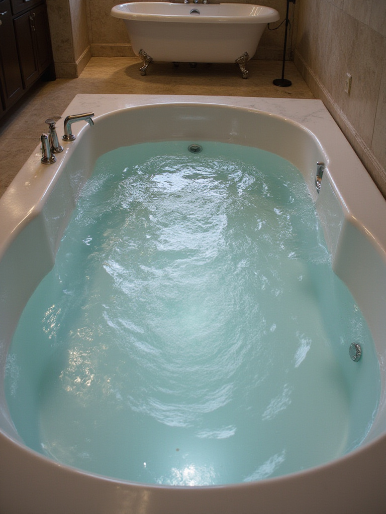 Luxurious built-in hydrotherapy bathtub with active jets in a modern bathroom setting.