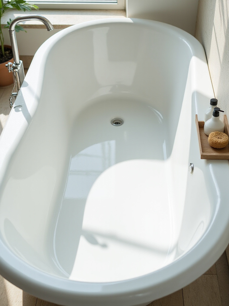 A clean, pristine bathtub in a modern bathroom, sparkling under natural light, illustrating essential maintenance.