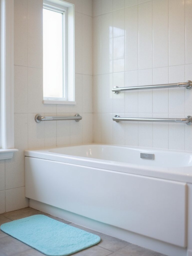 A modern bathroom with a bathtub featuring a non-slip mat and wall-mounted grab bars, highlighting safety features.