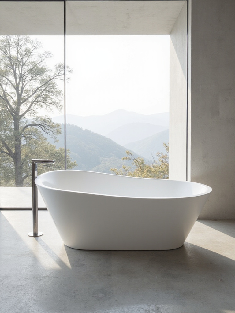 A modern bathroom featuring a large, white sculptural freeform bathtub as the centerpiece, positioned on a polished concrete floor in front of a large window with a natural view. Illustrates unique bathtub shapes in a contemporary setting.