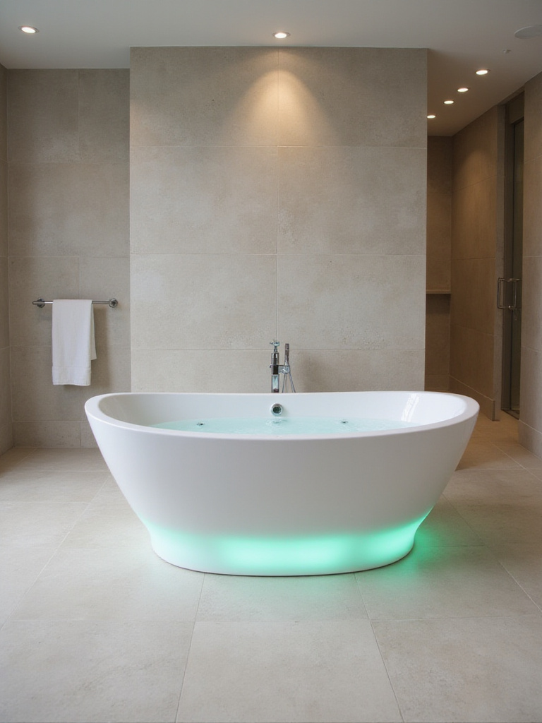 A modern bathroom featuring a sleek, white smart bathtub with digital controls, integrated LED lighting, and hydrotherapy jets.