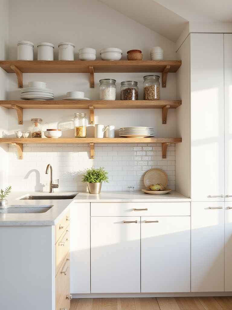 Light wood open shelves displaying white dishes above a white countertop and subway tile backsplash.