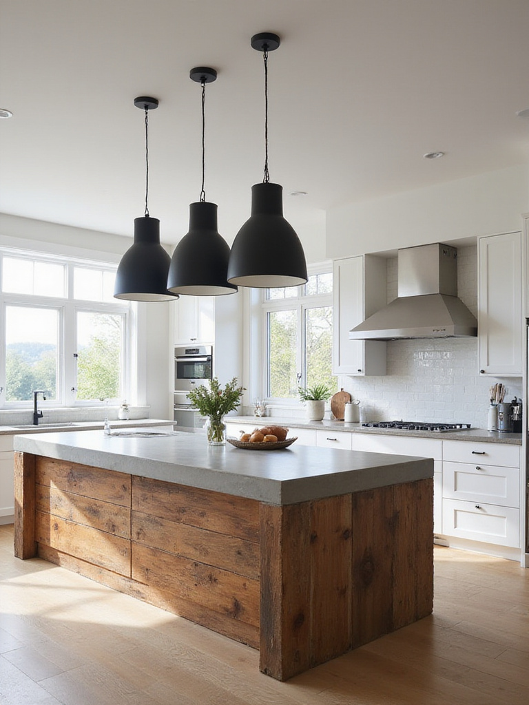 Luxury kitchen with a large island featuring a concrete countertop and reclaimed wood base, illuminated by pendant lights.