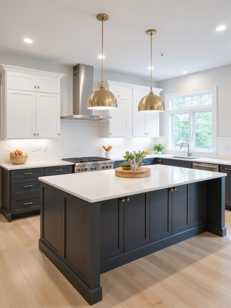 Modern kitchen with dark gray lower cabinets and white upper cabinets, featuring a two-tone design.