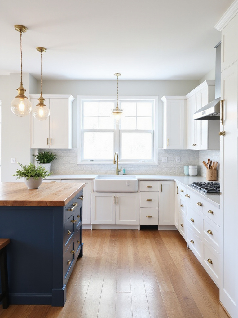 Bright white kitchen with a navy blue island, warm wood flooring, and brass fixtures.