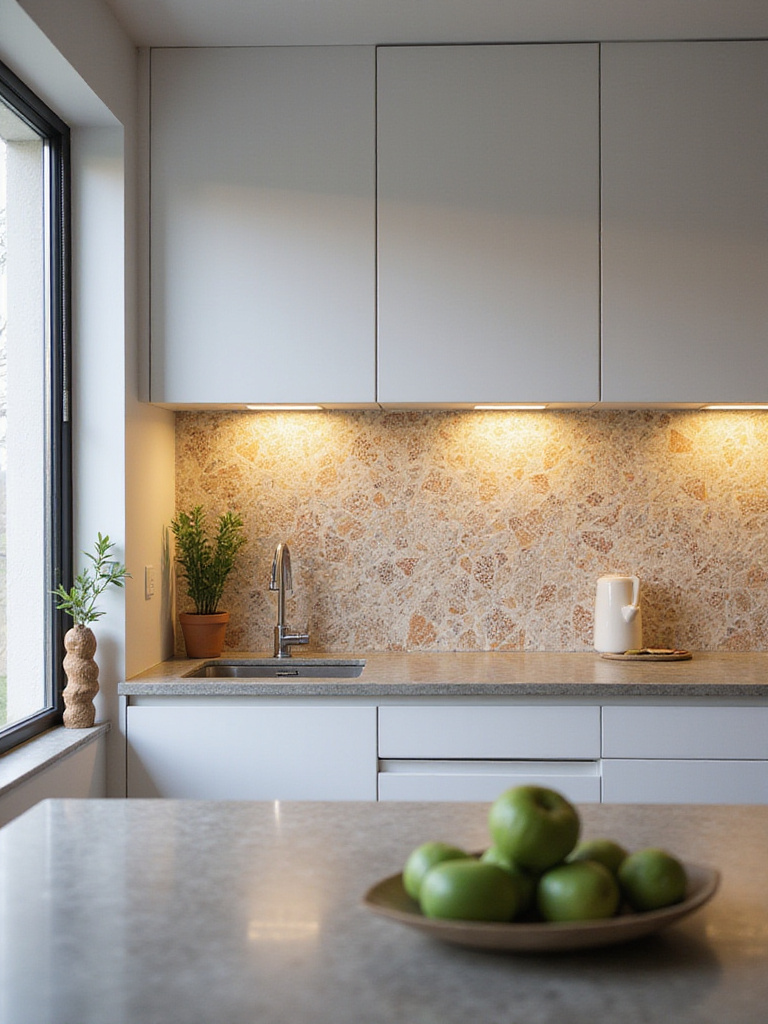 Kitchen with geometric tile backsplash adding bold pattern and color.