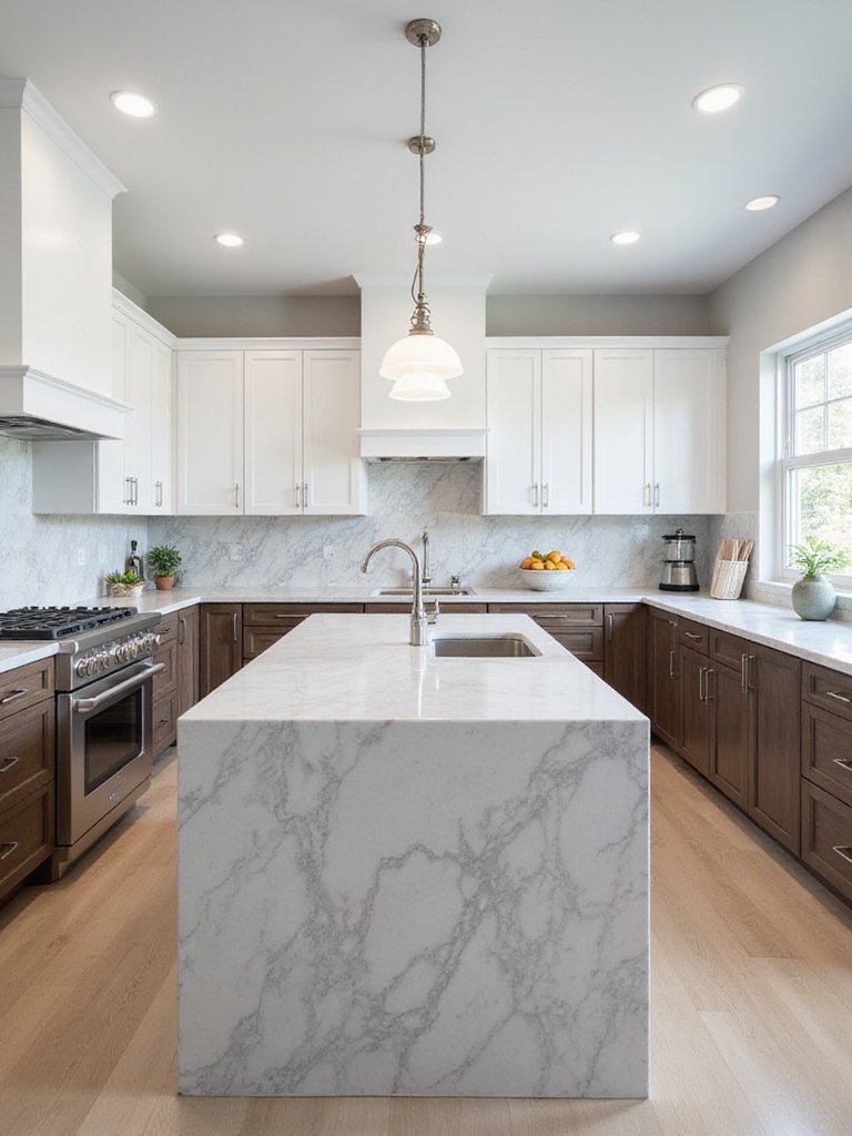 Modern kitchen with light gray quartz countertops and mixed cabinetry.