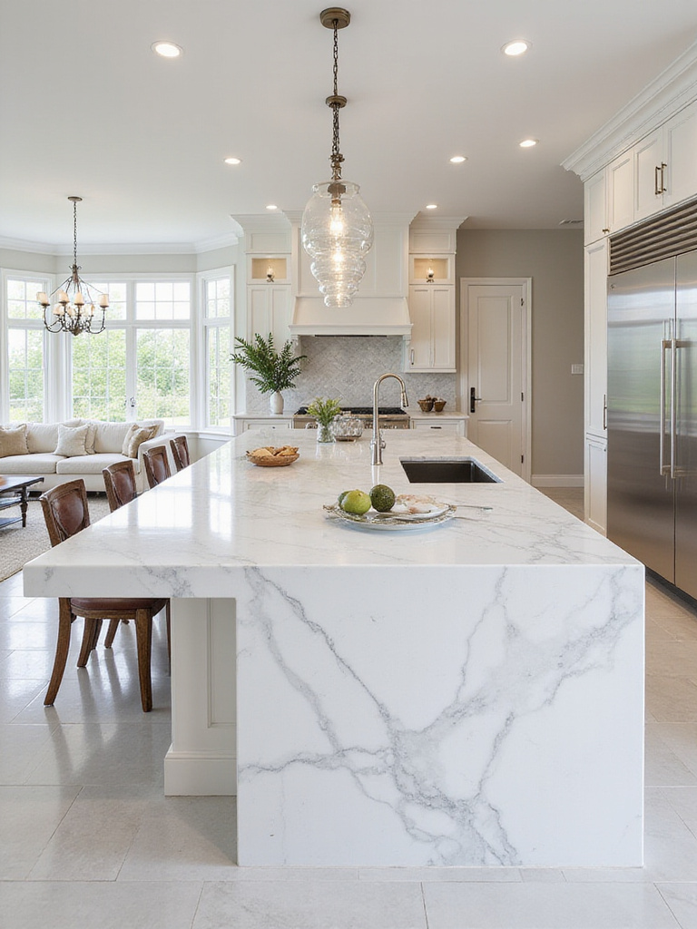Kitchen featuring white Calacatta marble countertops with a waterfall island edge.