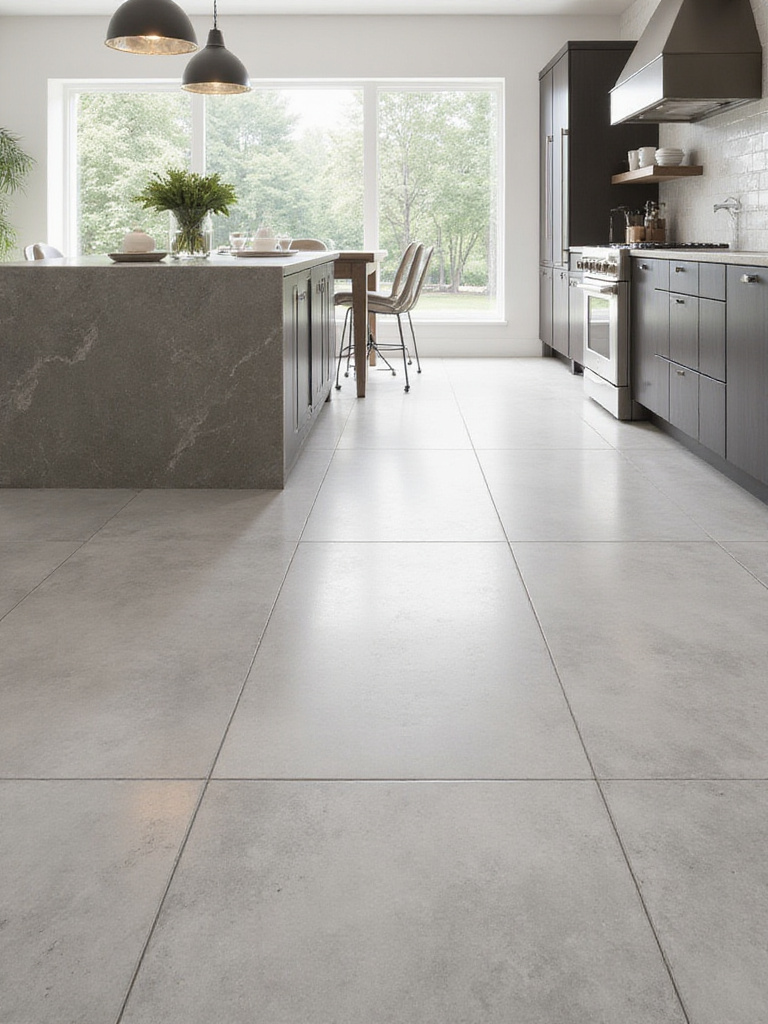 Kitchen with large format light gray porcelain tile flooring.