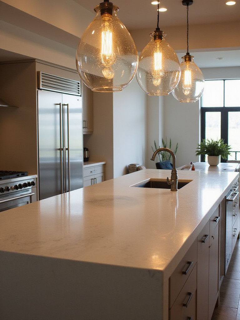 Kitchen with three elegant glass pendant lights over a large island.