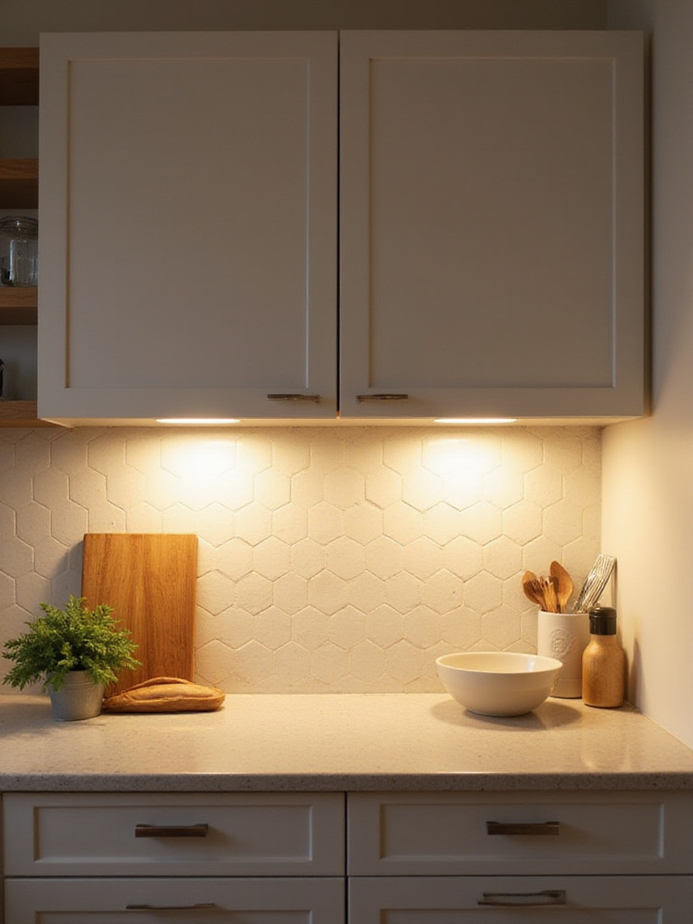 Under-cabinet LED lighting highlighting a kitchen countertop and backsplash.
