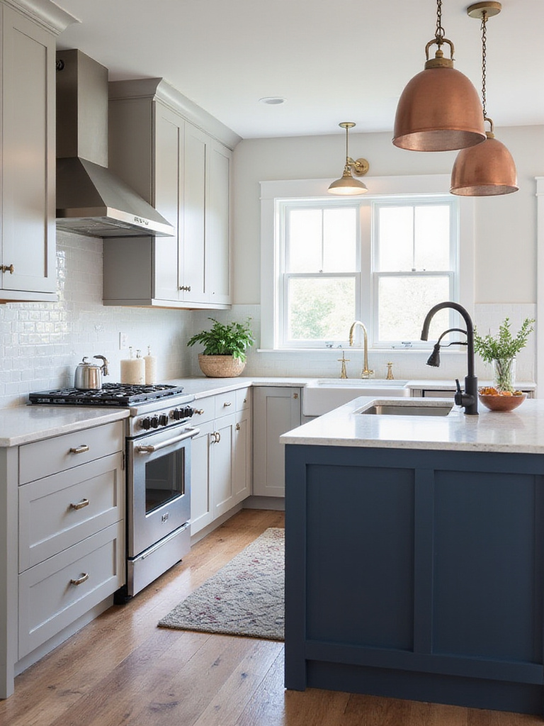 Kitchen with mixed metal hardware finishes including brushed nickel, brass, and matte black.