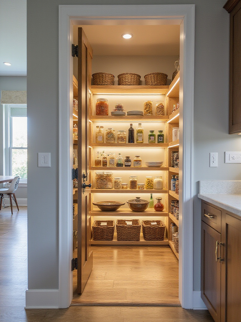 Organized walk-in pantry with adjustable shelves and integrated lighting.