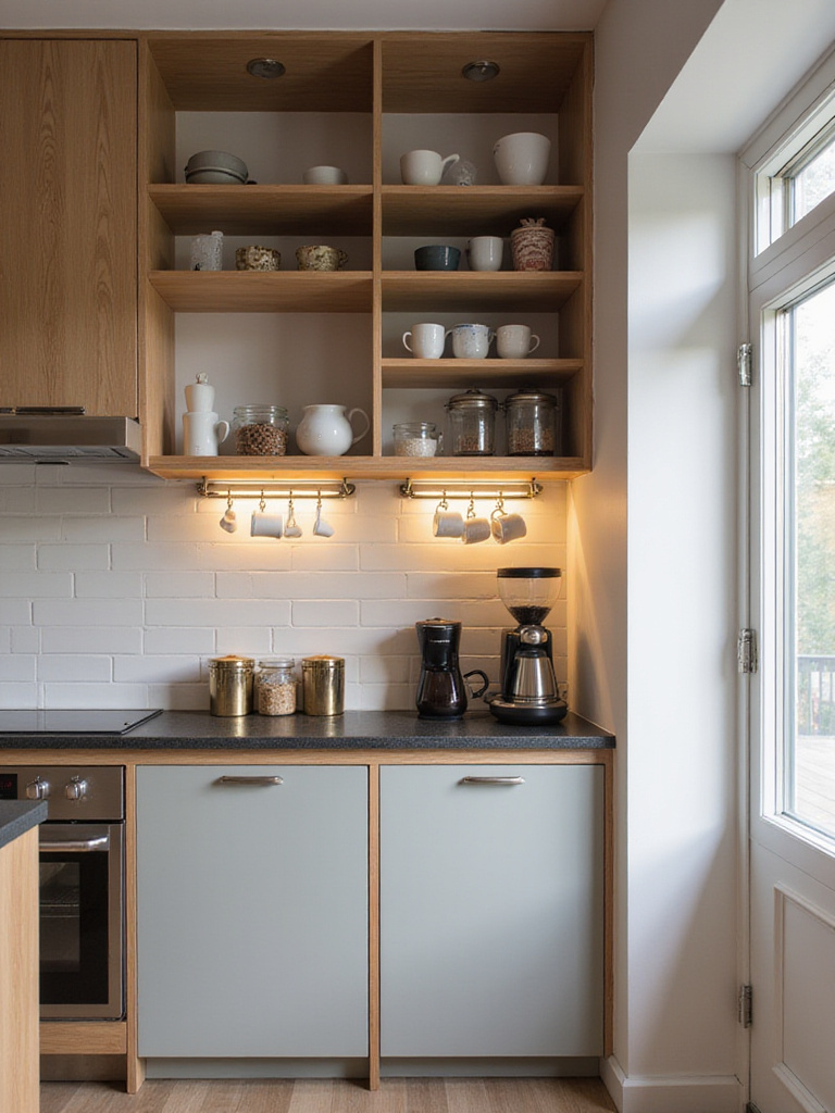 Kitchen coffee bar nook with coffee machine and open shelves.