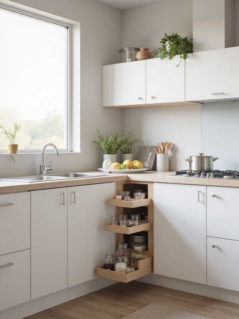 Kitchen corner with pull-out organizer and wall cabinet.