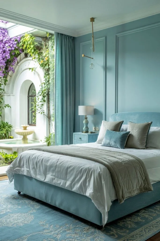 Light blue bedroom overlooking a lush courtyard with fountain.