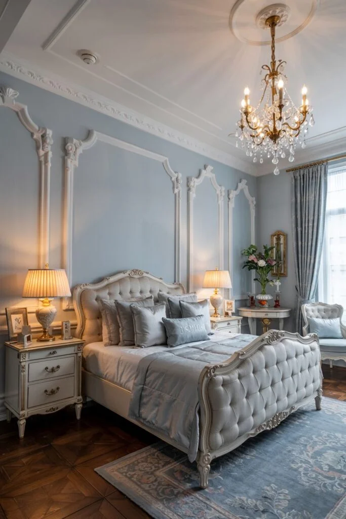 Luxurious light blue bedroom with ornate trim and crystal chandelier.