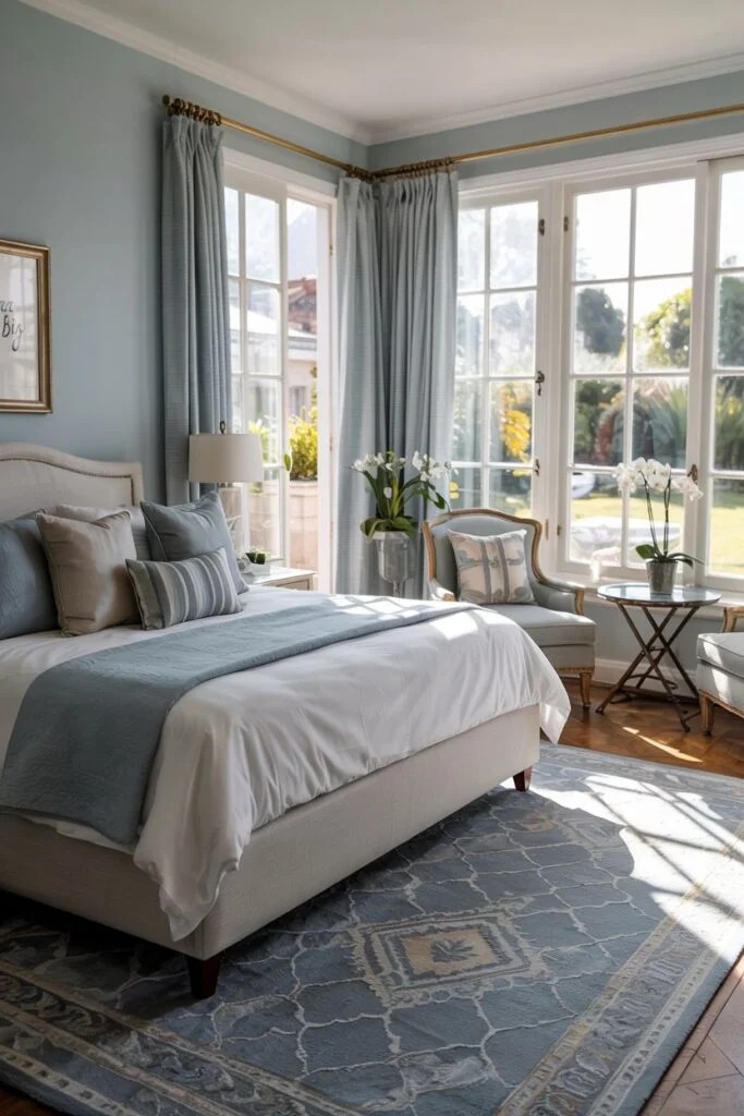 Bright light blue bedroom with large windows and patterned rug.