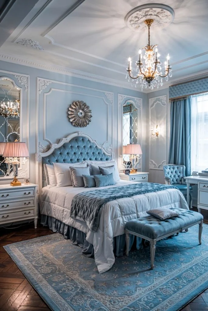 Elegant light blue bedroom with tufted headboard and crystal chandelier.