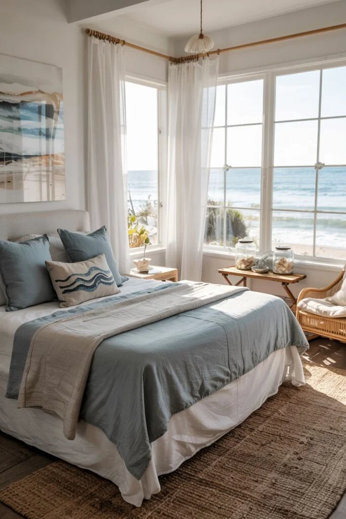 Boho coastal light blue bedroom with ocean view and natural textures.