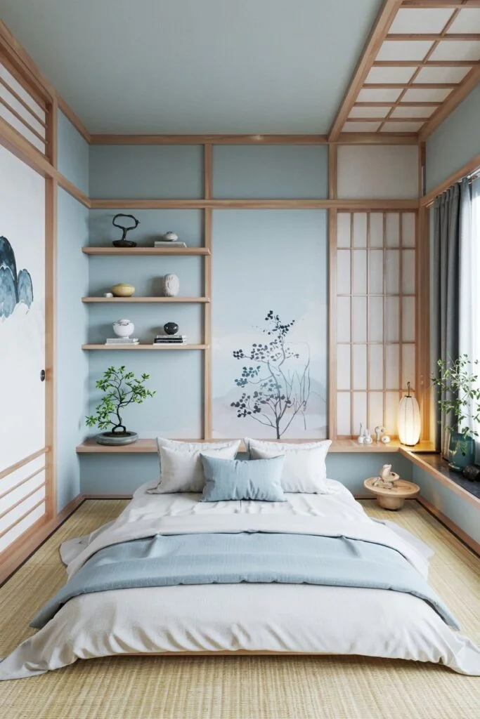 Japanese style light blue bedroom with wooden accents and low bed.