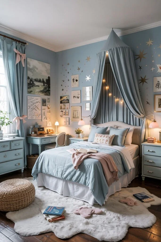Playful light blue kids bedroom with star decals and canopy bed.