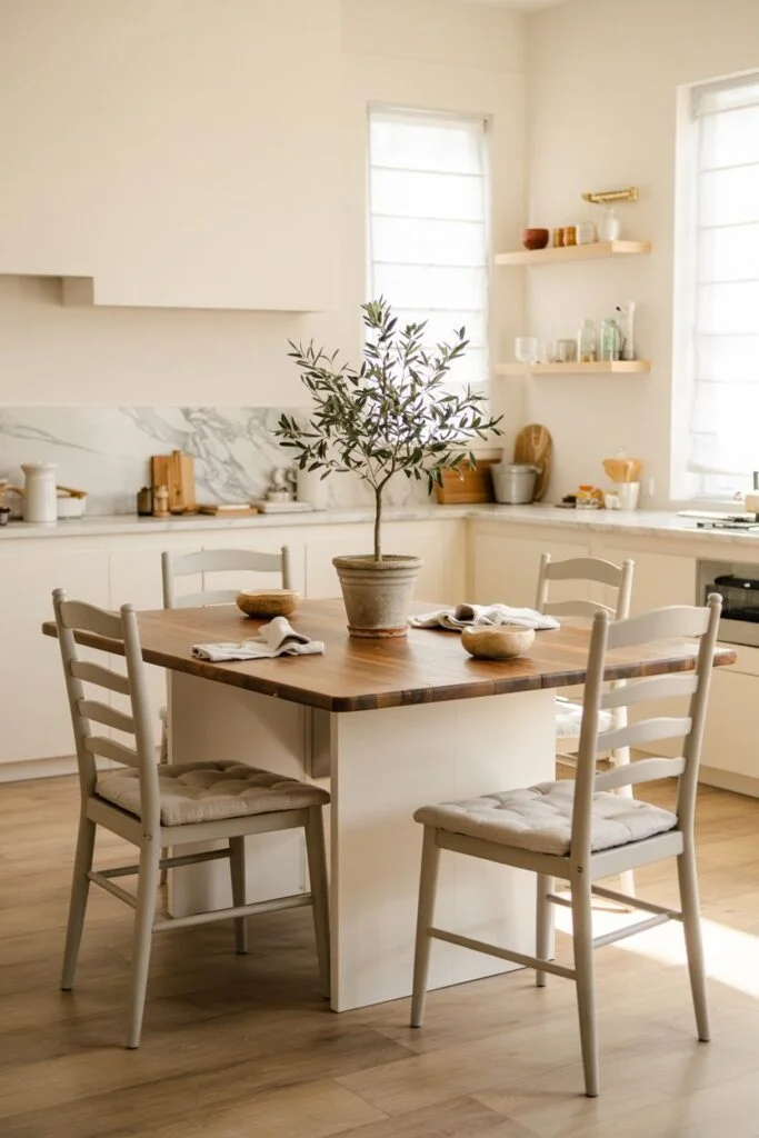 Modern farmhouse kitchen table with square top and upholstered chairs in a bright, clean kitchen.