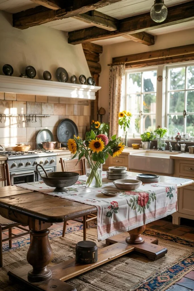 Grand rustic farmhouse kitchen table with carved legs and floral tablecloth in a room with exposed beams and a hearth.