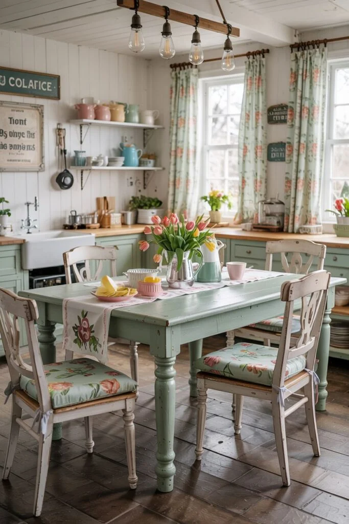 Light and airy farmhouse kitchen table with a pastel green painted finish and white floral chairs.