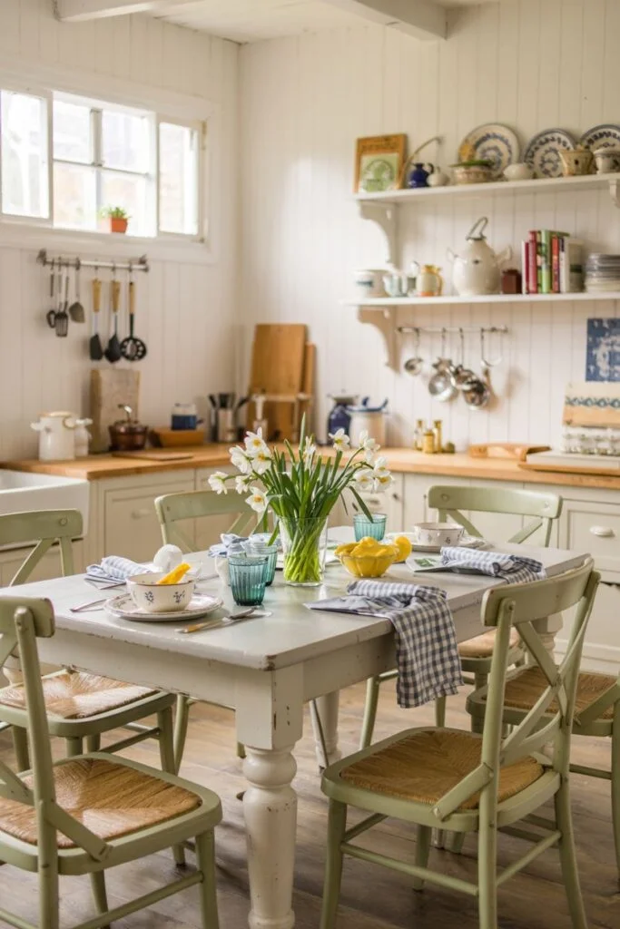 White farmhouse kitchen table with rustic woven-seat chairs in a light kitchen.