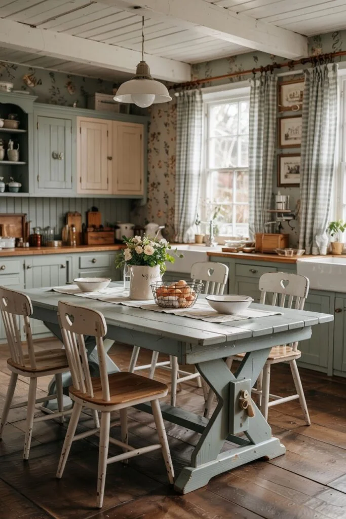 Grey farmhouse kitchen table with rustic distressed finish and mixed chairs with heart details.